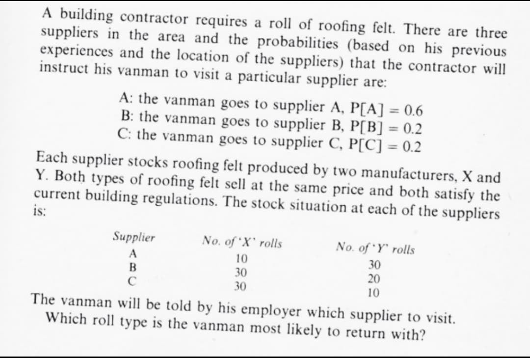 A building contractor requires a roll of roofing felt. There are three
suppliers in the area and the probabilities (based on his previous
experiences and the location of the suppliers) that the contractor will
instruct his vanman to visit a particular supplier are:
A: the vanman goes to supplier A, P[A] = 0.6
B: the vanman goes to supplier B, P[B] = 0.2
C: the vanman goes to supplier C, P[C] = 0.2
Each supplier stocks roofing felt produced by two manufacturers, X and
Y. Both types of roofing felt sell at the same price and both satisfy the
current building regulations. The stock situation at each of the suppliers
is:
Supplier
A
B
C
No. of 'X' rolls
10
30
30
No. of 'Y' rolls
30
20
10
The vanman will be told by his employer which supplier to visit.
Which roll type is the vanman most likely to return with?