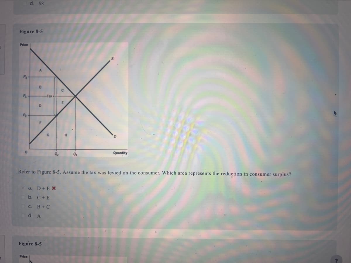 Figure 8-5
Price
Pa
P₁
P₂
O
d. $8
B
Price
D
2
F
-Tax
● a. D+EX
b. C+E
C. B+C
d. A
Figure 8-5
G
92
C
Refer to Figure 8-5. Assume the tax was levied on the consumer. Which area represents the reduction in consumer surplus?
E
9₂
D
Quantity