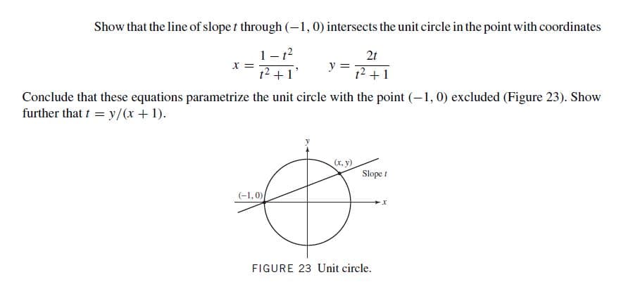 Show that the line of slope t through (-1, 0) intersects the unit circle in the point with coordinates
1- 12
2t
х
t2 +
y :
t2 +1
Conclude that these equations parametrize the unit circle with the point (-1,0) excluded (Figure 23). Show
further that t = y/(x+1).
(r, y)
Slope t
(-1,0)
FIGURE 23 Unit circle.
