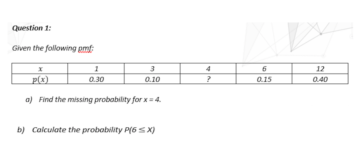 Question 1:
Given the following pmf:
1
3
4
6
12
p(x)
0.30
0.10
0.15
0.40
a) Find the missing probability for x = 4.
b) Calculate the probability P(6<X)
