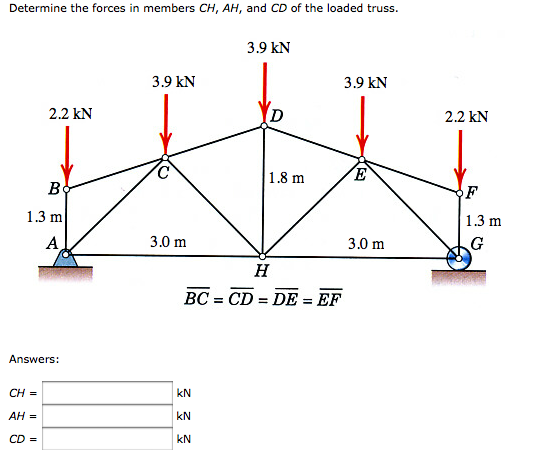 Determine the forces in members CH, AH, and CD of the loaded truss.
2.2 kN
B
1.3 m
A
Answers:
CH =
AH =
CD =
3.9 KN
3.0 m
3.9 KN
kN
KN
KN
1.8 m
H
BC=CD=DE = EF
3.9 KN
E
3.0 m
2.2 KN
F
1.3 m
G