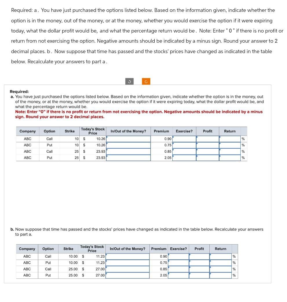 Required: a. You have just purchased the options listed below. Based on the information given, indicate whether the
option is in the money, out of the money, or at the money, whether you would exercise the option if it were expiring
today, what the dollar profit would be, and what the percentage return would be. Note: Enter "0" if there is no profit or
return from not exercising the option. Negative amounts should be indicated by a minus sign. Round your answer to 2
decimal places. b. Now suppose that time has passed and the stocks' prices have changed as indicated in the table
below. Recalculate your answers to part a.
Required:
a. You have just purchased the options listed below. Based on the information given, indicate whether the option is in the money, out
of the money, or at the money, whether you would exercise the option if it were expiring today, what the dollar profit would be, and
what the percentage return would be.
Note: Enter "O" if there is no profit or return from not exercising the option. Negative amounts should be indicated by a minus
sign. Round your answer to 2 decimal places.
Company Option Strike
Today's Stock
Price
In/Out of the Money?
Premium
Exercise?
Profit
Return
ABC
Call
10 $
10.26
0.90
%
ABC
Put
10 $
10.26
0.75
%
ABC
Call
25
$
23.93
0.85
%
ABC
Put
25
$
23.93
2.05
%
b. Now suppose that time has passed and the stocks' prices have changed as indicated in the table below. Recalculate your answers
to part a.
Company
Option
Strike
Today's Stock
Price
In/Out of the Money? Premium Exercise?
Profit
Return
ABC
Call
10.00 $
11.23
0.90
%
ABC
Put
10.00 $
11.23
0.75
%
ABC
Call
25.00 $
27.00
0.85
%
ABC
Put
25.00 $
27.00
2.05
%