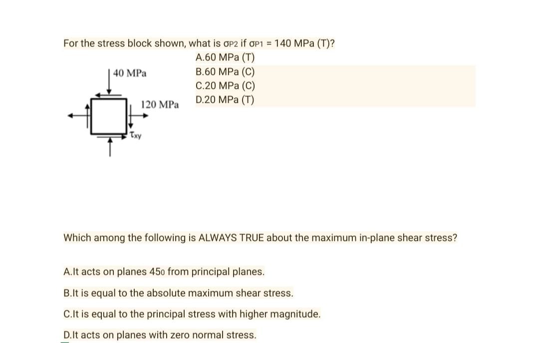 For the stress block shown, what is OP2 if OP1 = 140 MPa (T)?
A.60 MPa (T)
40 MPa
B.60 MPa (C)
C.20 MPa (C)
D.20 MPa (T)
Txy
Which among the following is ALWAYS TRUE about the maximum in-plane shear stress?
A.It acts on planes 450 from principal planes.
B.It is equal to the absolute maximum shear stress.
C.It is equal to the principal stress with higher magnitude.
D.It acts on planes with zero normal stress.
120 MPa