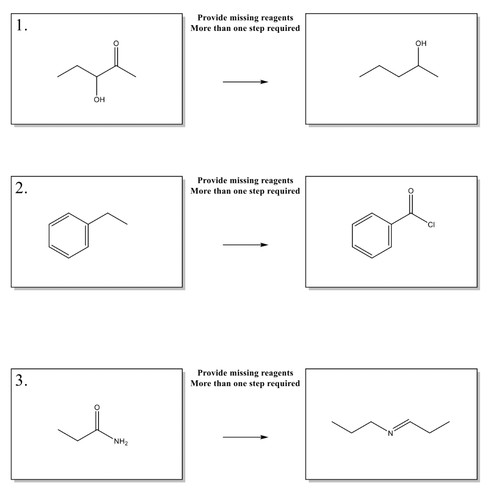 1.
2.
3.
OH
NH₂
Provide missing reagents
More than one step required
Provide missing reagents
More than one step required
Provide missing reagents
More than one step required
OH
'С