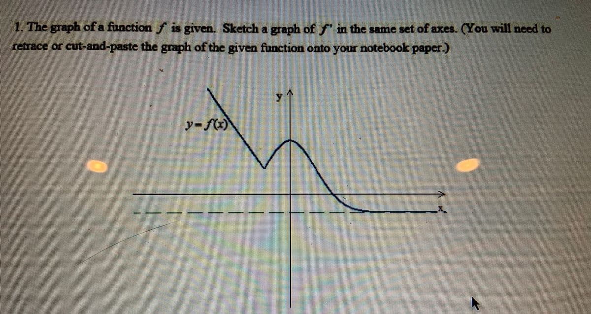 **Exercise 1: Graphing Derivatives**

The graph of a function \( f \) is provided. Your task is to sketch the graph of \( f' \) (the derivative of \( f \)) on the same set of axes. You will need to retrace or cut-and-paste the graph of the given function onto your notebook paper.

**Graph Analysis**

- The provided graph depicts the function \( y = f(x) \).
- The function seems to have various sections, including increasing, decreasing, and stationary points.
- The graph starts with a steep decline, followed by a sharp rise, and then exhibits wavy behavior before leveling out.
  
**Instructions for Sketching \( f' \):**

1. Analyze the slope of \( f(x) \) at various points:
   - **Where \( f(x) \) is increasing**, \( f'(x) \) should be above the x-axis (positive).
   - **Where \( f(x) \) is decreasing**, \( f'(x) \) should be below the x-axis (negative).
   - **Where \( f(x) \) has a stationary point** (peaks and troughs), \( f'(x) \) should cross the x-axis (equals zero).

2. Mark key features such as where the slope changes from positive to negative or vice versa to identify zero points on \( f' \).

3. Sketch the curve of \( f' \) considering these slope changes while maintaining the same axis.

**Note:** This exercise strengthens the understanding of the relationship between a function and its derivative by visually interpreting rate of change.