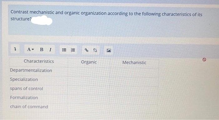 Contrast mechanistic and organic organization according to the following characteristics of its
structure?
A BI
Characteristics
Organic
Mechanistic
Departmentalization
Specialization
spans of control
Formalization
chain of command
国
