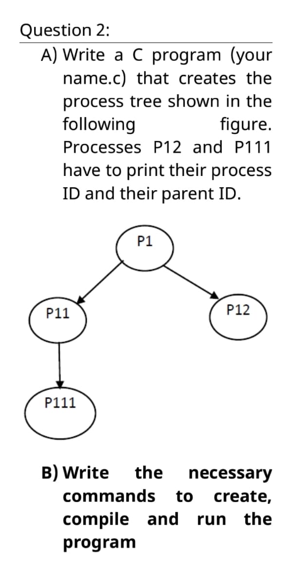 Question 2:
A) Write a C program (your
name.c) that creates the
process tree shown in the
following
figure.
Processes P12 and P111
have to print their process
ID and their parent ID.
P1
P11
P12
P111
B) Write
the
necessary
commands
to
create,
compile and
run
the
program
