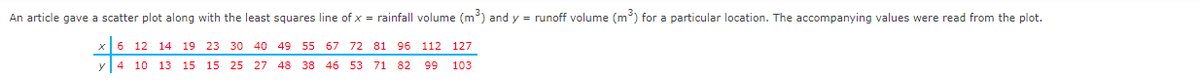An article gave a scatter plot along with the least squares line of x = rainfall volume (m³) and y = runoff volume (m³) for a particular location. The accompanying values were read from the plot.
6 12 14 19 23. 30 40 49 55 67 72 81 96 112 127
y 4 10 13 15 15 25 27 48 38 46 53 71 82 99 103
