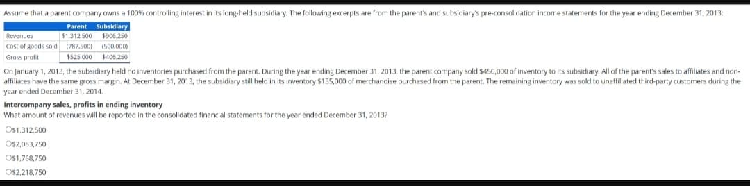 Assume that a parent company owns a 100% controlling interest in its long-held subsidiary. The following excerpts are from the parent's and subsidiary's pre-consolidation income statements for the year ending December 31, 2013:
Parent
Subsidiary
$1,312.500 $906.250
Cost of goods sold (787.500) (500.000)
Revenues
Gross profit
$525,000
$406.250
On January 1, 2013, the subsidiary held no inventories purchased from the parent. During the year ending December 31, 2013, the parent company sold $450,000 of inventory to its subsidiary. All of the parent's sales to affiliates and non-
affiliates have the same gross margin. At December 31, 2013, the subsidiary still held in its inventory $135,000 of merchandise purchased from the parent. The remaining inventory was sold to unaffiliated third-party customers during the
year ended December 31, 2014.
Intercompany sales, profits in ending inventory
What amount of revenues will be reported in the consolidated financial statements for the year ended December 31, 2013?
O$1,312,500
O$2,083,750
O$1,768,750
O$2,218,750