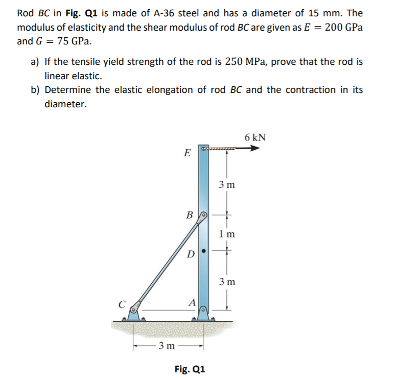 Rod BC in Fig. Q1 is made of A-36 steel and has a diameter of 15 mm. The
modulus of elasticity and the shear modulus of rod BC are given as E = 200 GPa
and G = 75 GPa.
a) If the tensile yield strength of the rod is 250 MPa, prove that the rod is
linear elastic.
b) Determine the elastic elongation of rod BC and the contraction in its
diameter.
6 kN
E
3 m
1 m
D
3 m
C
3 m
Fig. Q1
