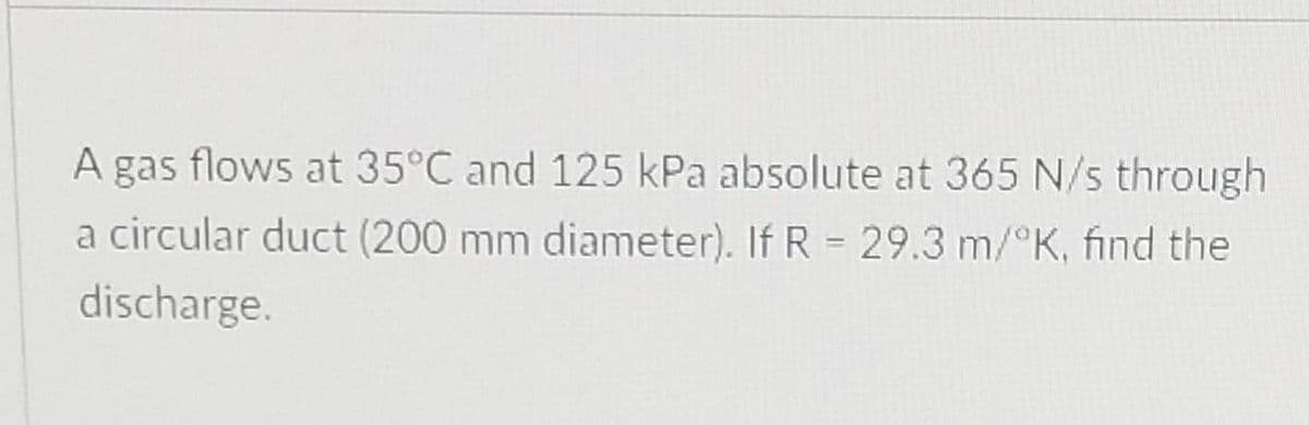 A gas flows at 35°C and 125 kPa absolute at 365 N/s through
a circular duct (200 mm diameter). If R = 29.3 m/°K, find the
discharge.