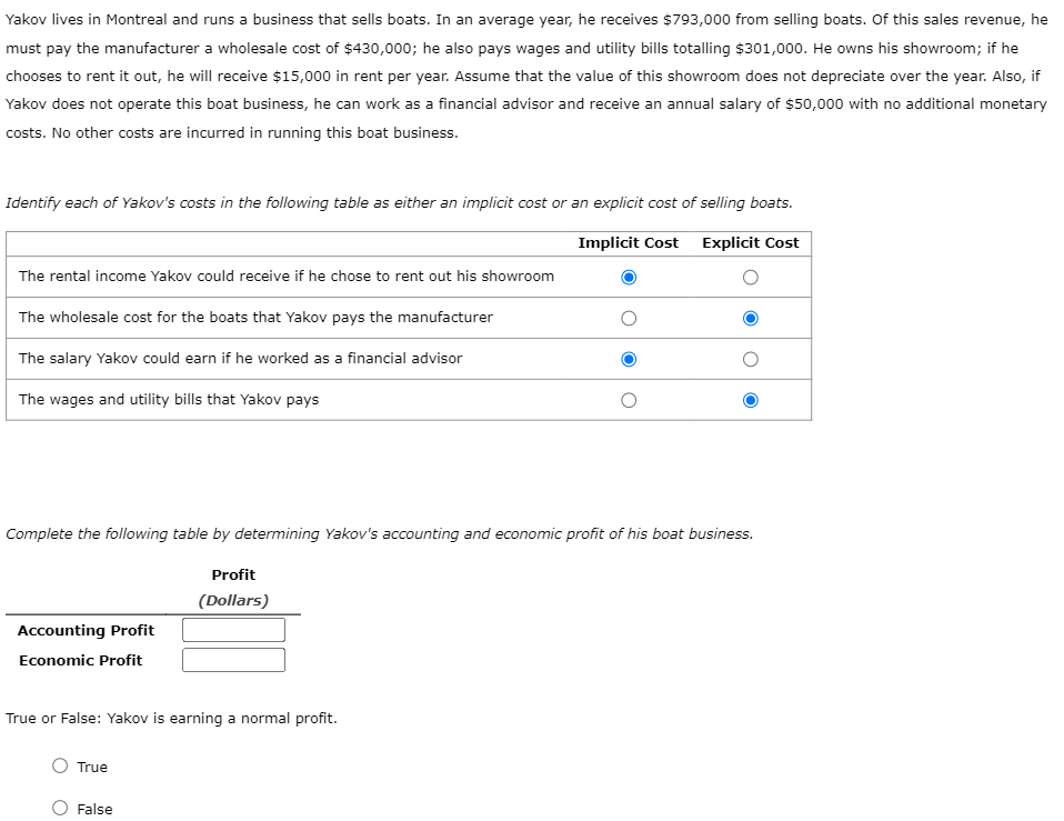 Yakov lives in Montreal and runs a business that sells boats. In an average year, he receives $793,000 from selling boats. Of this sales revenue, he
must pay the manufacturer a wholesale cost of $430,000; he also pays wages and utility bills totalling $301,000. He owns his showroom; if he
chooses to rent it out, he will receive $15,000 in rent per year. Assume that the value of this showroom does not depreciate over the year. Also, if
Yakov does not operate this boat business, he can work as a financial advisor and receive an annual salary of $50,000 with no additional monetary
costs. No other costs are incurred in running this boat business.
Identify each of Yakov's costs in the following table as either an implicit cost or an explicit cost of selling boats.
Implicit Cost Explicit Cost
The rental income Yakov could receive if he chose to rent out his showroom
The wholesale cost for the boats that Yakov pays the manufacturer
The salary Yakov could earn if he worked as a financial advisor
The wages and utility bills that Yakov pays
Complete the following table by determining Yakov's accounting and economic profit of his boat business.
Profit
(Dollars)
Accounting Profit
Economic Profit
True or False: Yakov is earning a normal profit.
True
False
