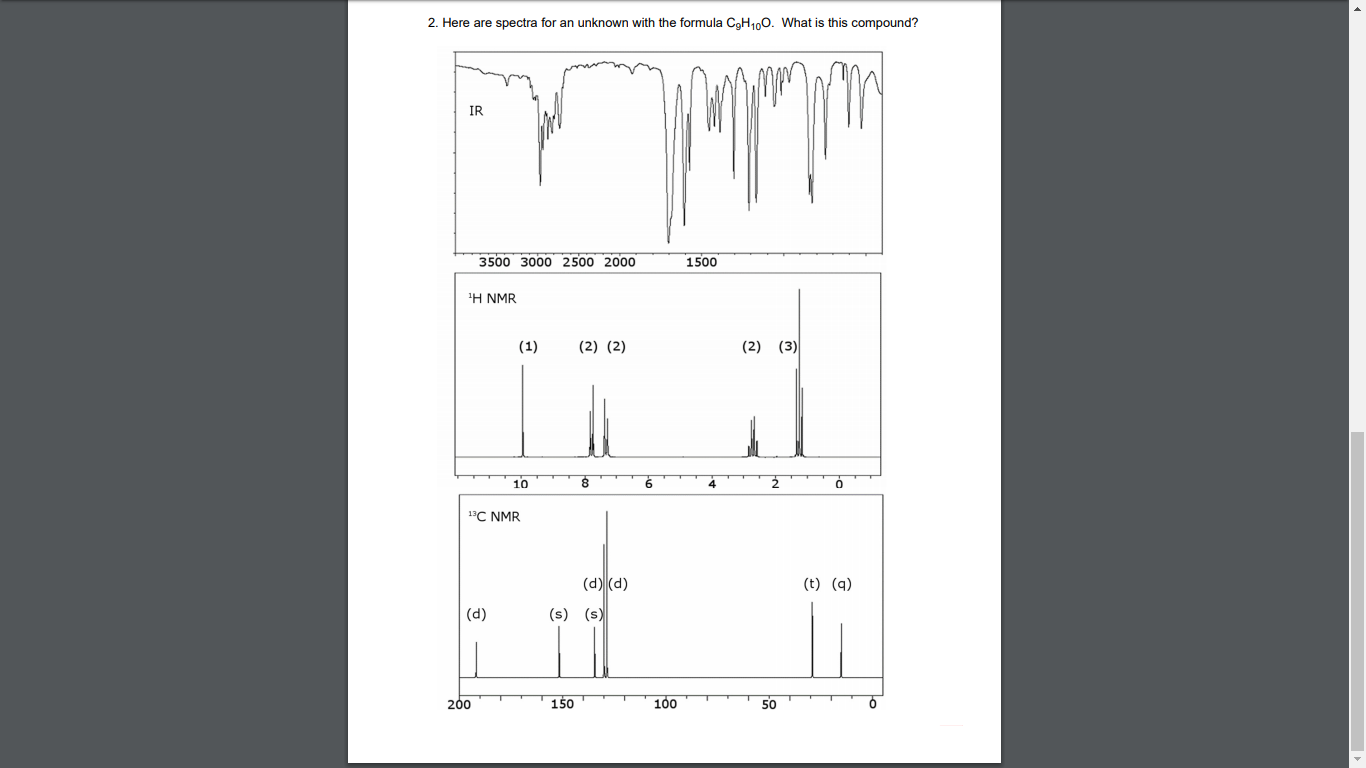 2. Here are spectra for an unknown with the formula C9H1,0. What is this compound?
IR
3500 3000 2500 2000
1500
Η ΝMR
(1)
(2) (2)
(2) (3)
10
"C NMR
(d) (d)
(t) (q)
|(d)
(s) (s)
200
150
100
50
9.
