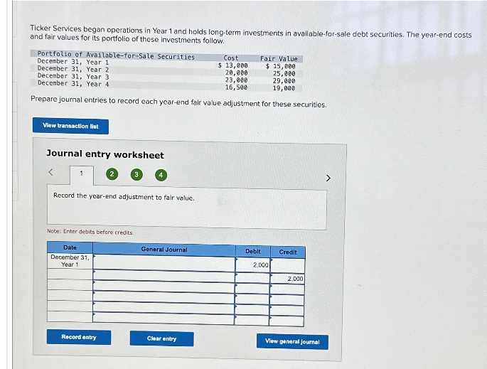 Ticker Services began operations in Year 1 and holds long-term investments in available-for-sale debt securities. The year-end costs
and fair values for its portfolio of these investments follow.
Portfolio of Available-for-Sale Securities
December 31, Year 1
December 31, Year 2
December 31, Year 3
Cost
$13,000
Fair Value
$ 15,000
20,000
25,000
23,000
29,000
16,500
19,000
December 31, Year 4
Prepare journal entries to record each year-end fair value adjustment for these securities.
View transaction list
Journal entry worksheet
Record the year-end adjustment to fair value.
Note: Enter debits before credits.
Date
December 31,
Year 1
General Journal
Debit
Credit
2,000
2,000
Clear entry
View general journal
Record entry
>