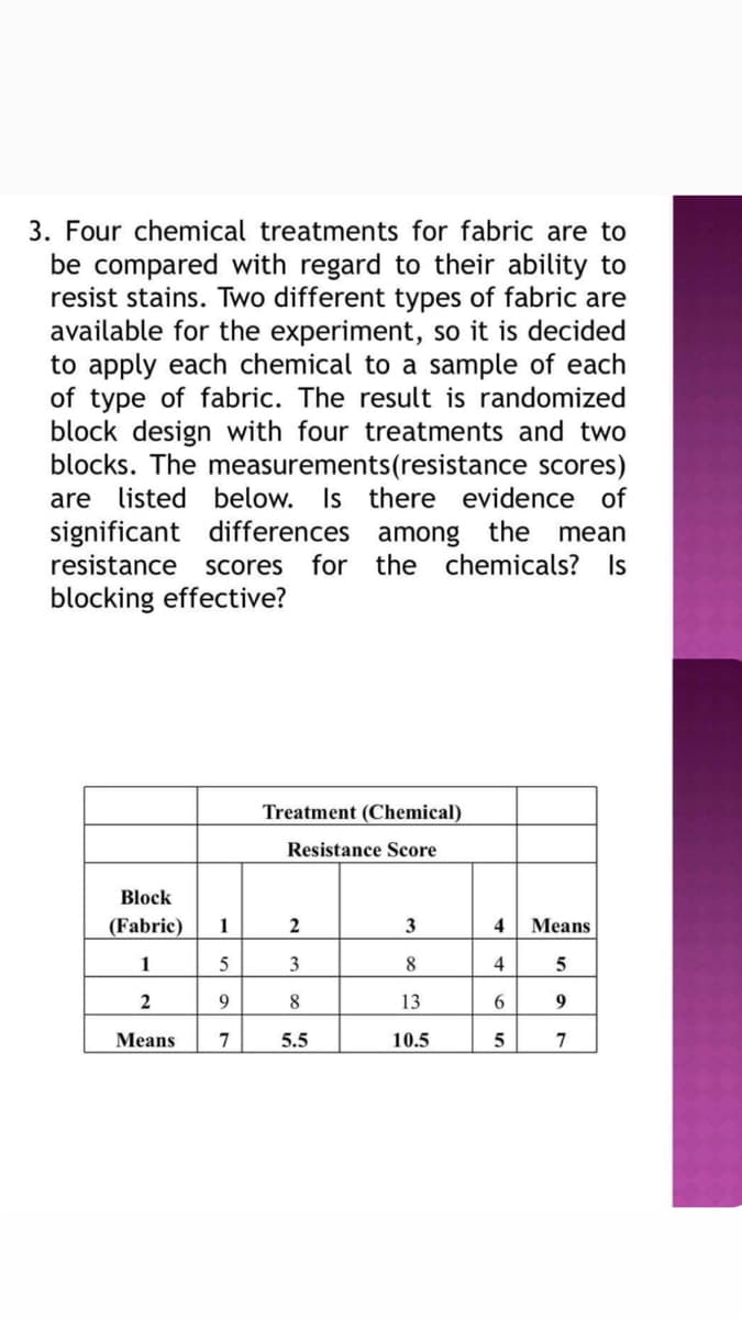 3. Four chemical treatments for fabric are to
be compared with regard to their ability to
resist stains. Two different types of fabric are
available for the experiment, so it
to apply each chemical to a sample of each
of type of fabric. The result is randomized
block design with four treatments and two
blocks. The measurements(resistance scores)
are listed below. Is there evidence of
significant differences
resistance
decided
among the mean
for the chemicals? Is
Scores
blocking effective?
Treatment (Chemical)
Resistance Score
Block
(Fabric)
1
3
Means
1
3
8.
4
9
8
13
6.
9
Means
7
5.5
10.5
7
4-
