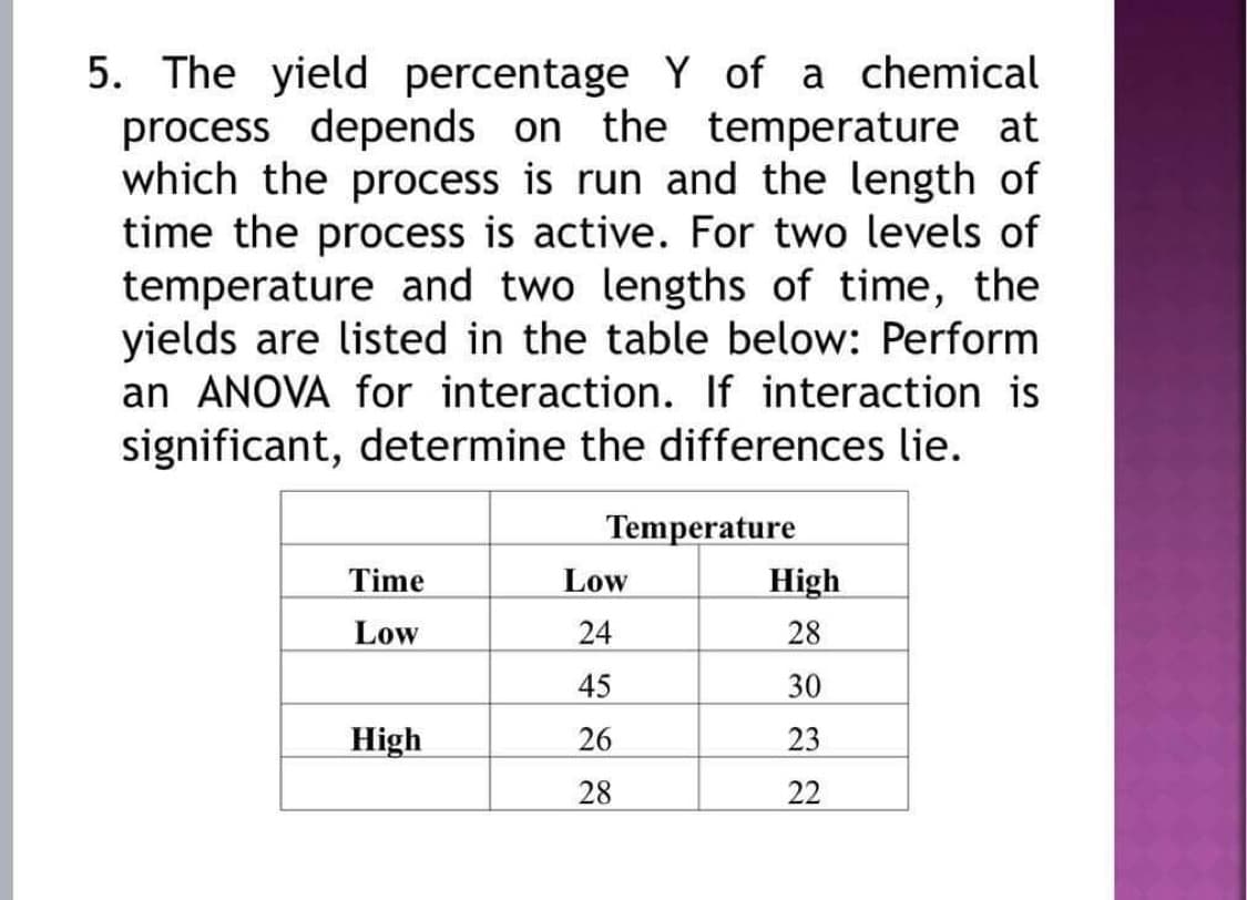 5. The yield percentage Y of a chemical
process depends on the temperature at
which the process is run and the length of
time the process is active. For two levels of
temperature and two lengths of time, the
yields are listed in the table below: Perform
an ANOVA for interaction. If interaction is
significant, determine the differences lie.
Temperature
Time
Low
High
Low
24
28
45
30
High
26
23
28
22
