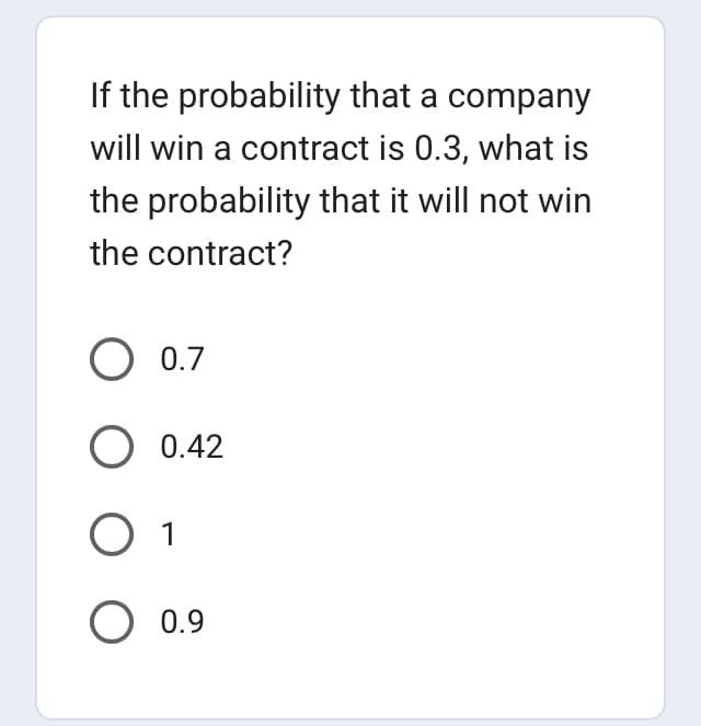 If the probability that a company
will win a contract is 0.3, what is
the probability that it will not win
the contract?
O 0.7
O 0.42
O 1
O 0.9