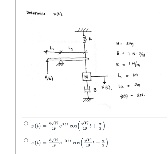 Determine
B - IN S
I Nm
f, t)
M
L = Im
B X (E). L2 -
fit)
&N.
* (t)
8/15
-e0.1t cos
19
t +
10
x (t)
8/19-0.1t
Cos
V19
t
10
-
19
