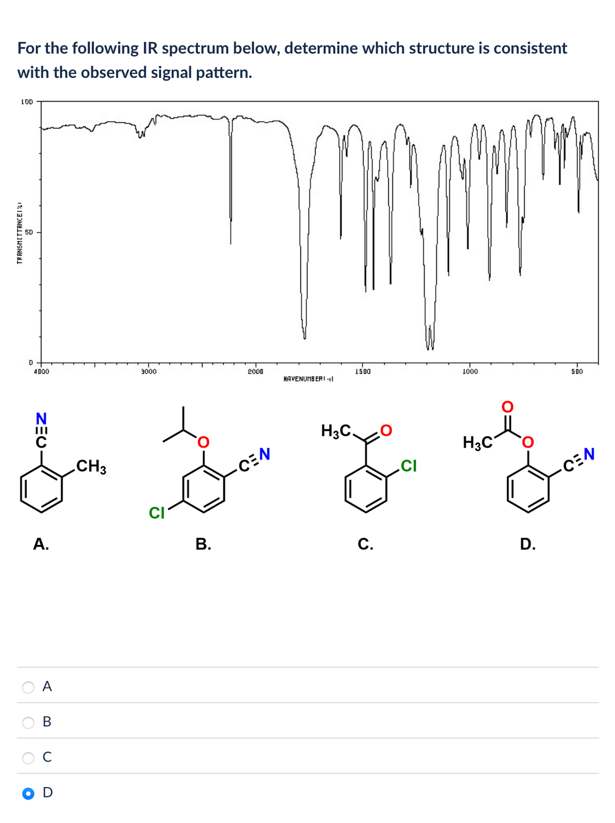 O
U D
B
A
TRANSMITTANCE1%
LOD
For the following IR spectrum below, determine which structure is consistent
with the observed signal pattern.
D
4000
3000
2000
1500
1000
500
HAVENUMBERI -11
A.
CH3
CI
B.
CEN
H3C.
CI
H3C
&
CEN
C.
D.