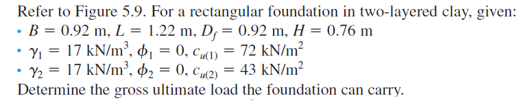 Refer to Figure 5.9. For a rectangular foundation in two-layered clay, given:
• B = 0.92 m, L = 1.22 m, D;= 0.92 m, H = 0.76 m
• Yı = 17 kN/m³, ø,
• Y2 = 17 kN/m³, ¢2 = 0, C(2) = 43 kN/m?
Determine the gross ultimate load the foundation can carry.
= 0, c1) = 72 kN/m²
