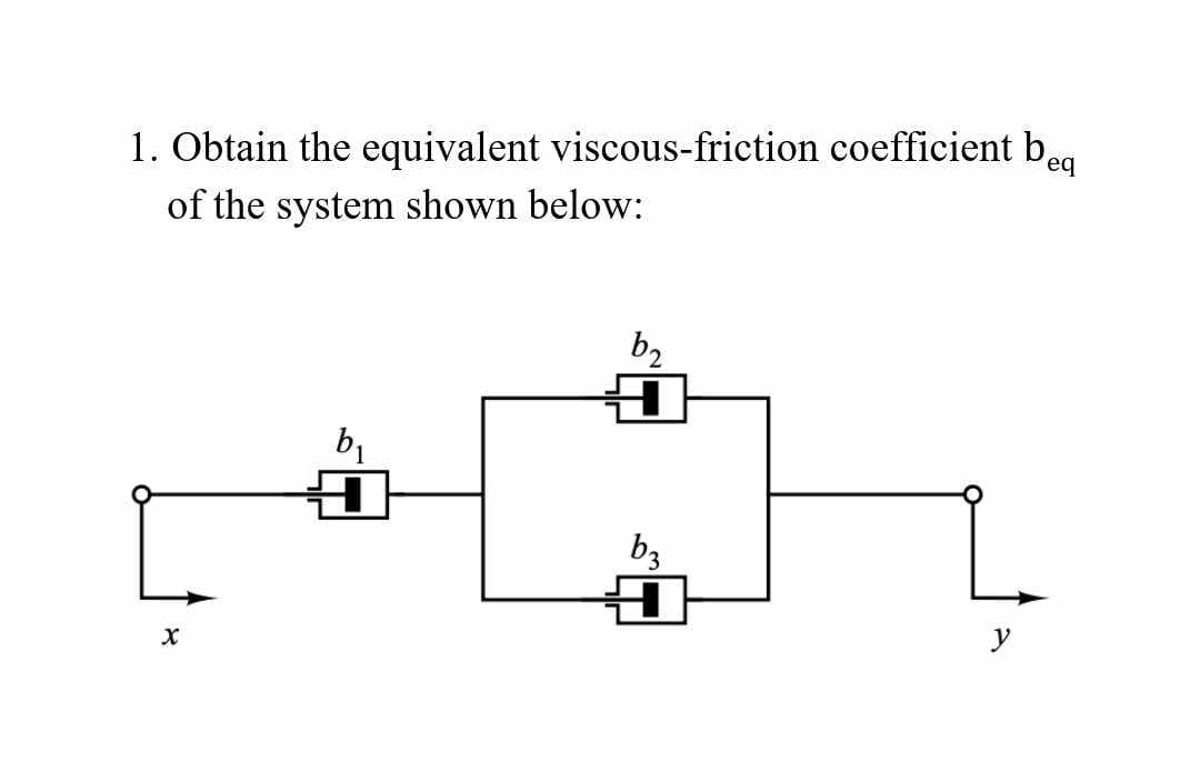 1. Obtain the equivalent viscous-friction coefficient beq
of the system shown below:
X
b₁
H
b₂
H
b3
y