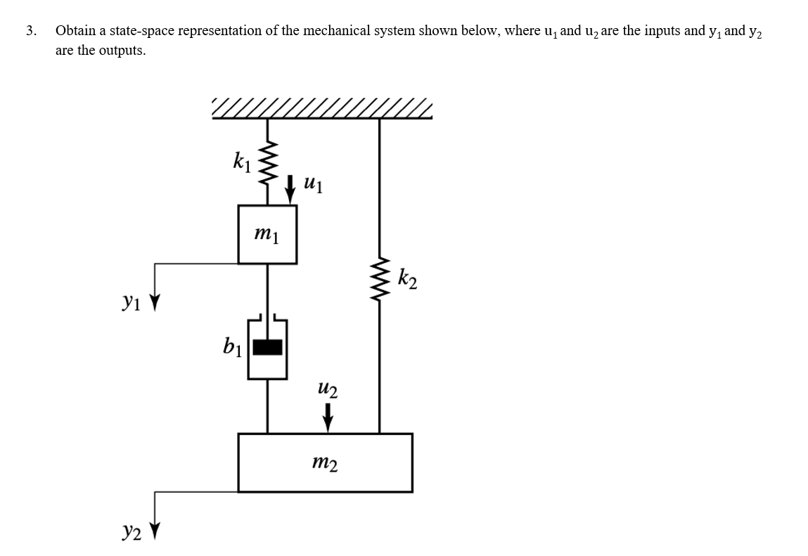 3.
Obtain a state-space representation of the mechanical system shown below, where u₁ and u₂ are the inputs and y₁ and y₂
are the outputs.
Y1 Y
Y2
k₁
b₁
m1
u₁
U2
+
m2
ww
k₂