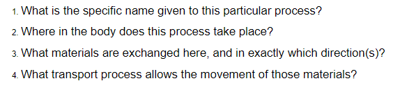 1. What is the specific name given to this particular process?
2. Where in the body does this process take place?
3. What materials are exchanged here, and in exactly which direction(s)?
4. What transport process allows the movement of those materials?
