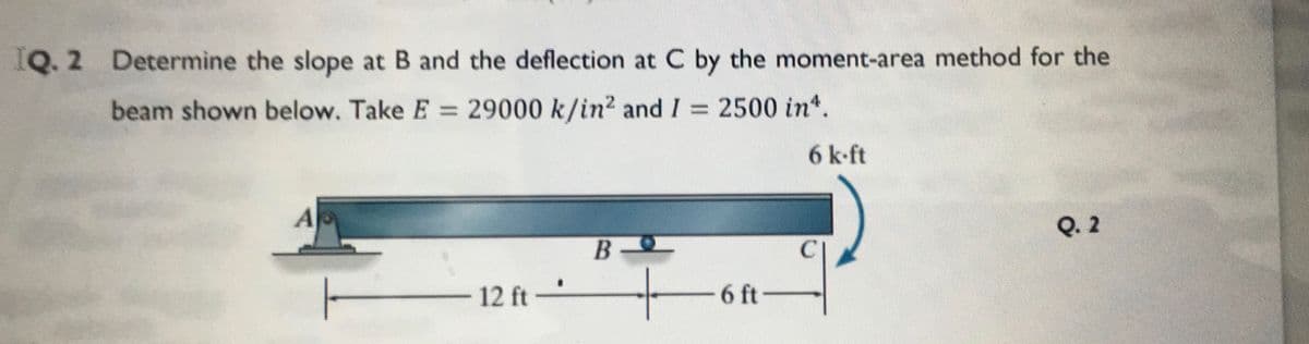 IQ. 2 Determine the slope at B and the deflection at C by the moment-area method for the
beam shown below. Take E = 29000 k/in2 and I = 2500 in*.
%3D
6 k-ft
A
Q. 2
B
12 ft
-6 ft-
