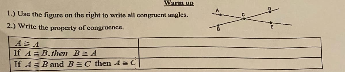 Warm up
1.) Use the figure on the right to write all congruent angles.
2.) Write the property of congruence.
E
A A
If A = B.then B= A
If A = B and B=C then A = C
