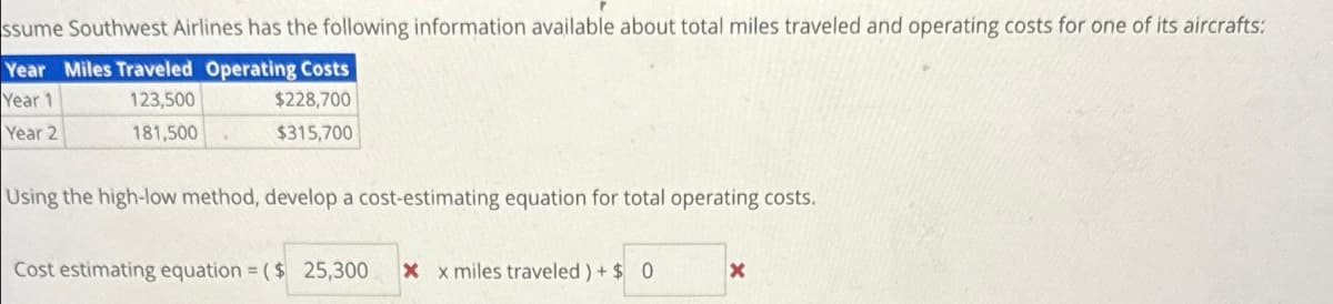 ssume Southwest Airlines has the following information available about total miles traveled and operating costs for one of its aircrafts:
Year Miles Traveled Operating Costs
Year 1
123,500
$228,700
Year 2
181,500
$315,700
Using the high-low method, develop a cost-estimating equation for total operating costs.
Cost estimating equation = ($ 25,300 Xx miles traveled) + $0
X