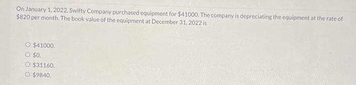 On January 1, 2022, Swifty Company purchased equipment for $41000. The company is depreciating the equipment at the rate of
$820 per month. The book value of the equipment at December 31, 2022 is
O $41000.
O $0.
O $31160.
O $9840.