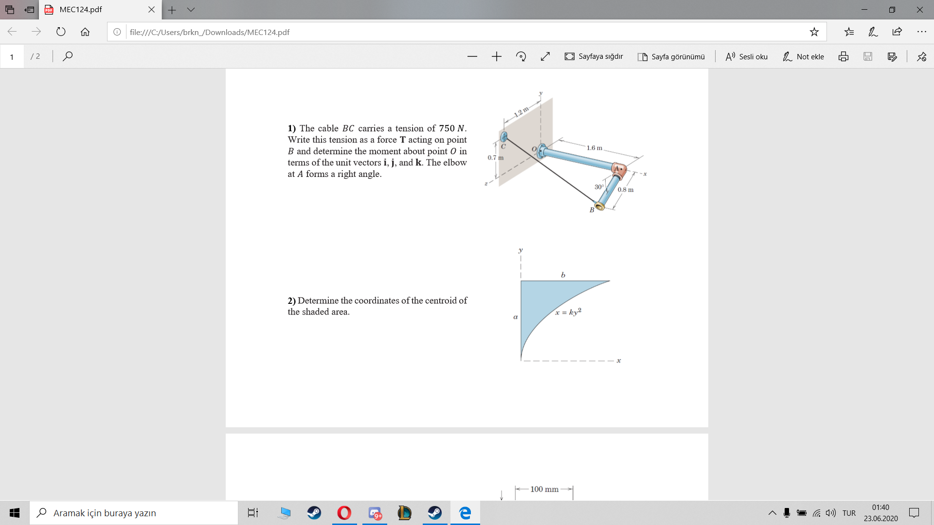 1.2 m-
1) The cable BC carries a tension of 750 N.
Write this tension as a force T acting on point
B and determine the moment about point O in
terms of the unit vectors i, j, and k. The elbow
at A forms a right angle.
1.6 m .
0.7 m
30
0.8 m
