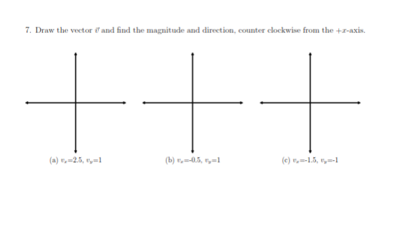 7. Draw the vector fand find the magnitude and direction, counter clockwise from the +r-axis.
(a) z=2.5, y=1
(b) ex=-0.5, y=1
(c)₂=-1.5, U-1