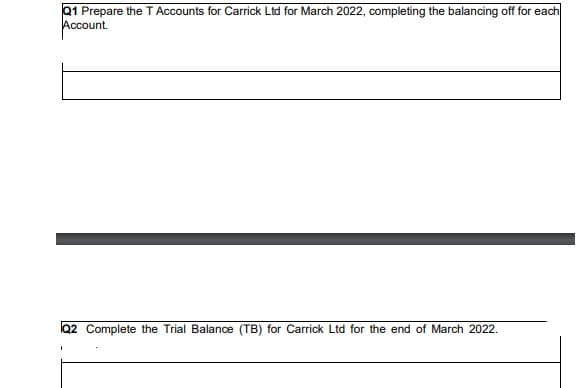 Q1 Prepare the T Accounts for Carrick Ltd for March 2022, completing the balancing off for each
Account.
lQ2 Complete the Trial Balance (TB) for Carrick Ltd for the end of March 2022.

