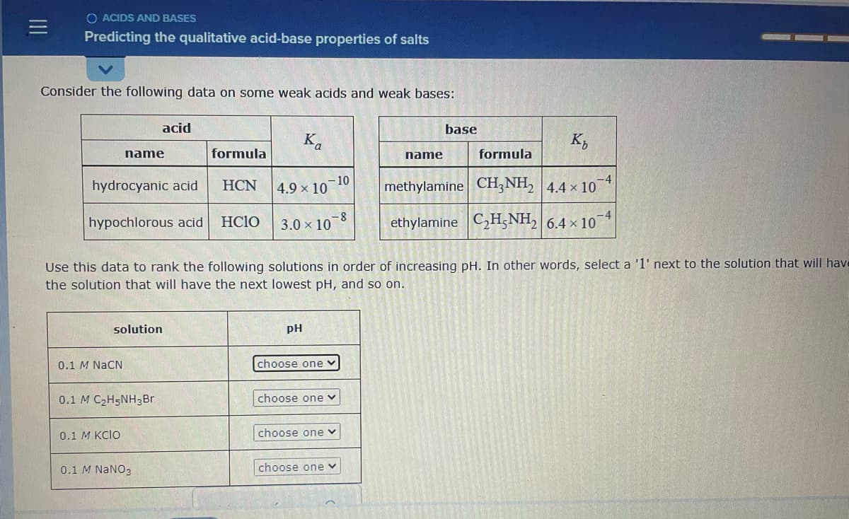 O ACIDS AND BASES
Predicting the qualitative acid-base properties of salts
Consider the following data on some weak acids and weak bases:
acid
base
Ka
K,
name
formula
name
formula
- 10
4.9 x 10
-4
hydrocyanic acid
HCN
methylamine CH;NH, 4.4 x 10
hypochlorous acid
HCIO
3.0 x 10-8
ethylamine C,H;NH, 6.4 × 104
Use this data to rank the following solutions in order of increasing pH. In other words, select a '1' next to the solution that will have
the solution that will have the next lowest pH, and so on.
solution
pH
0.1 M NACN
choose one
0.1 M C2H5NH3Br
choose one v
0.1 М KCIO
choose one v
0.1 M NANO3
choose one v
