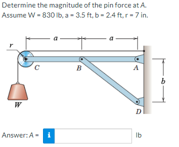 Determine the magnitude of the pin force at A.
Assume W = 830 lb, a = 3.5 ft, b = 2.4ft, r = 7 in.
r
W
C с
Answer: A = i
a.
B
a
A
D
lb
b