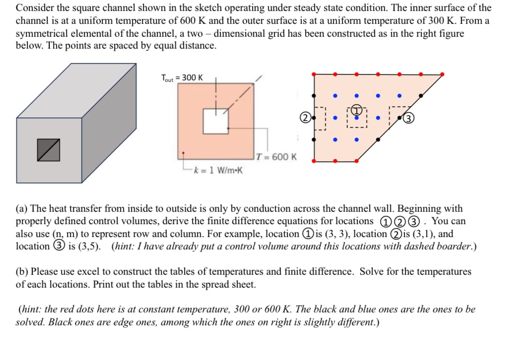 Consider the square channel shown in the sketch operating under steady state condition. The inner surface of the
channel is at a uniform temperature of 600 K and the outer surface is at a uniform temperature of 300 K. From a
symmetrical elemental of the channel, a two-dimensional grid has been constructed as in the right figure
below. The points are spaced by equal distance.
Tout = 300 K
k = 1 W/m-K
T = 600 K
(a) The heat transfer from inside to outside is only by conduction across the channel wall. Beginning with
properly defined control volumes, derive the finite difference equations for locations 123. You can
also use (n, m) to represent row and column. For example, location Dis (3, 3), location is (3,1), and
location 3 is (3,5). (hint: I have already put a control volume around this locations with dashed boarder.)
(b) Please use excel to construct the tables of temperatures and finite difference. Solve for the temperatures
of each locations. Print out the tables in the spread sheet.
(hint: the red dots here is at constant temperature, 300 or 600 K. The black and blue ones are the ones to be
solved. Black ones are edge ones, among which the ones on right is slightly different.)