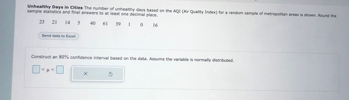 Unhealthy Days in Cities The number of unhealthy days based on the AQI (Air Quality Index) for a random sample of metropolitan areas is shown. Round the
sample statistics and final answers to at least one decimal place.
23
21
14 5
40
61
39 1 0 16
Send data to Excel
Construct an 80% confidence interval based on the data. Assume the variable is normally distributed.
くuく
