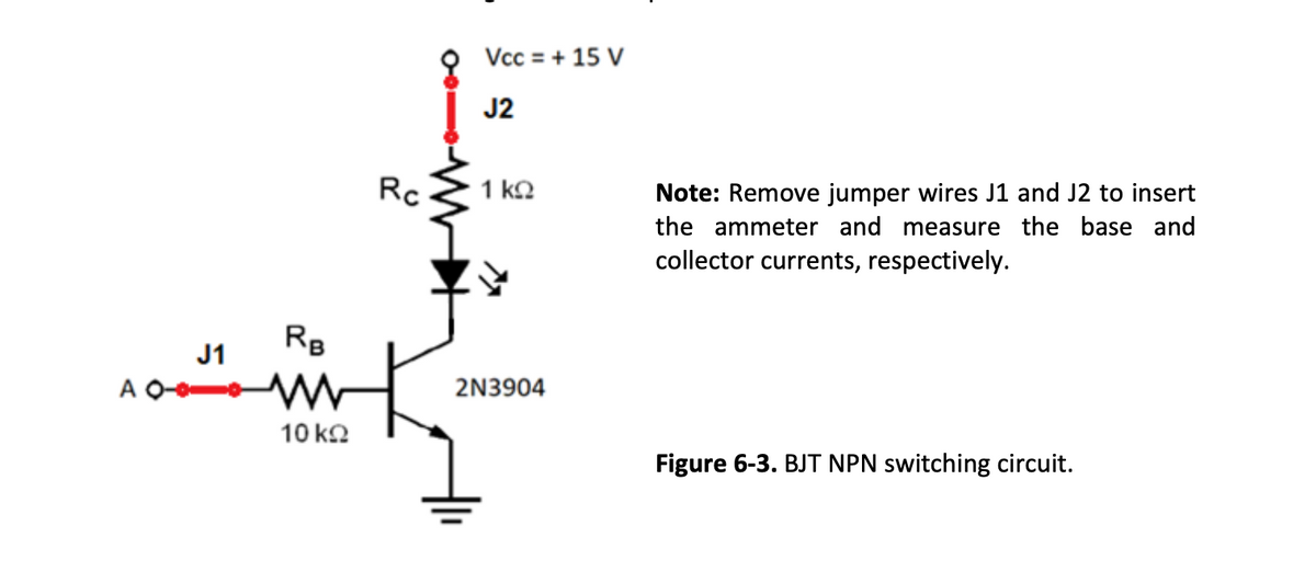 RB
J1
AO-M
10 ΚΩ
Rc
Vcc = + 15 V
J2
1 ΚΩ
2N3904
Note: Remove jumper wires J1 and J2 to insert
the ammeter and measure the base and
collector currents, respectively.
Figure 6-3. BJT NPN switching circuit.