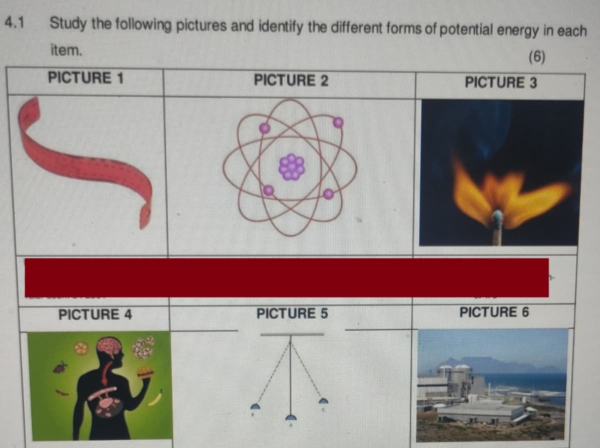 4.1
Study the following pictures and identify the different forms of potential energy in each
item.
(6)
PICTURE 1
PICTURE 4
PICTURE 2
PICTURE 5
PICTURE 3
PICTURE 6
1-