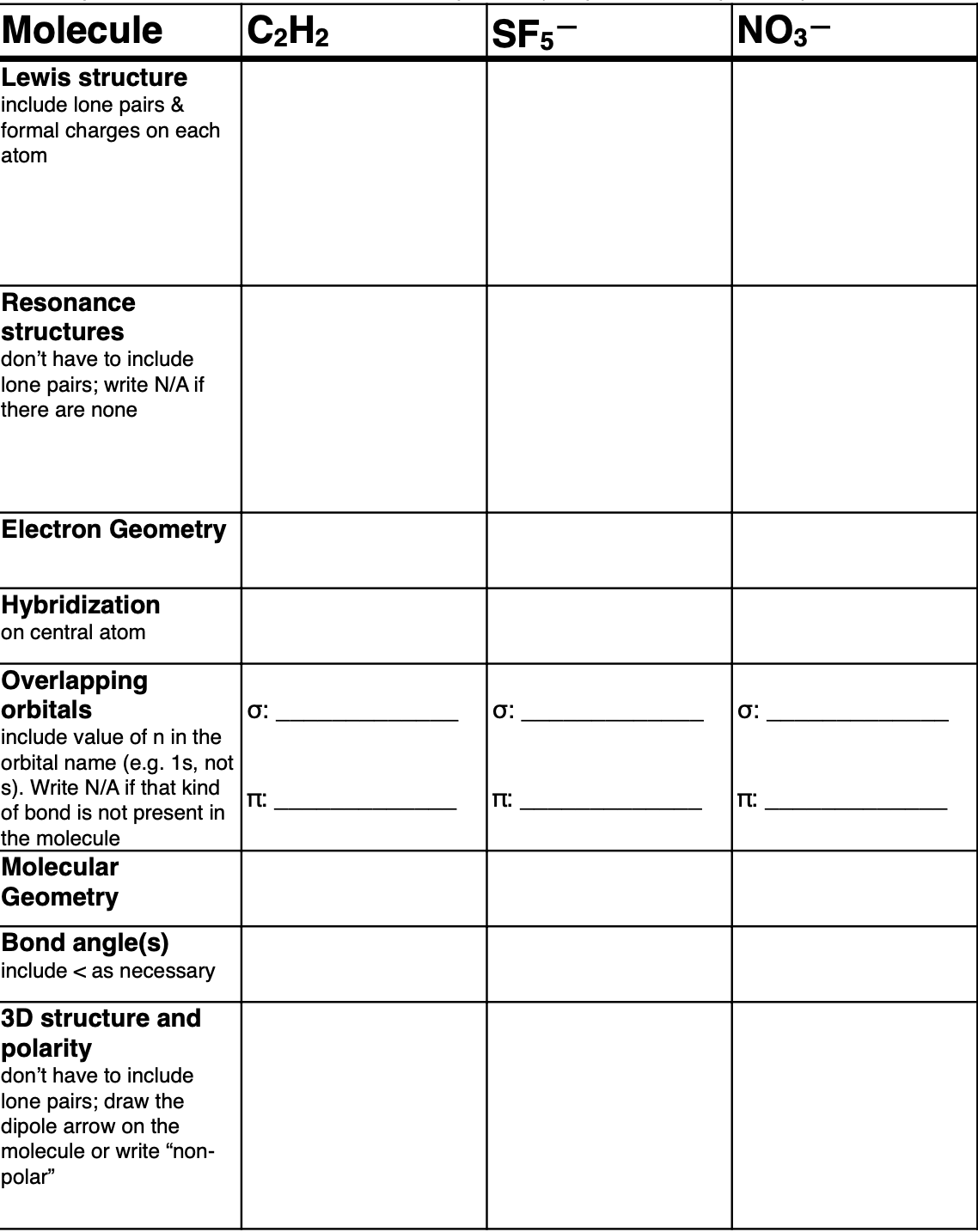 Molecule
C2H2
SFs-
NO3-
Lewis structure
include lone pairs &
formal charges on each
atom
Resonance
structures
don't have to include
lone pairs; write N/A if
there are none
Electron Geometry
Hybridization
on central atom
Overlapping
orbitals
O:
O:
include value of n in the
orbital name (e.g. 1s, not
s). Write N/A if that kind
T:
of bond is not present in
T:
the molecule
Molecular
Geometry
Bond angle(s)
include < as necessary
3D structure and
polarity
don't have to include
lone pairs; draw the
dipole arrow on the
molecule or write "non-
polar"
