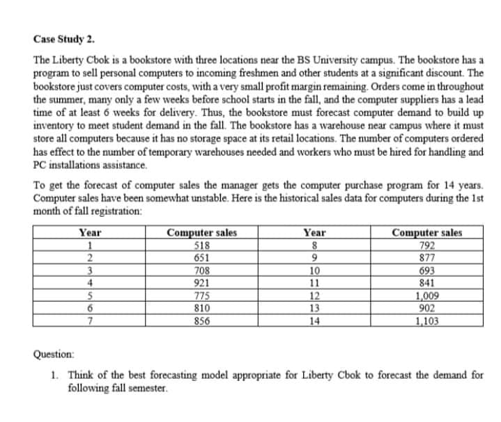 Case Study 2.
The Liberty Cbok is a bookstore with three locations near the BS University campus. The bookstore has a
program to sell personal computers to incoming freshmen and other students at a significant discount. The
bookstore just covers computer costs, with a very small profit margin remaining. Orders come in throughout
the summer, many only a few weeks before school starts in the fall, and the computer suppliers has a lead
time of at least 6 weeks for delivery. Thus, the bookstore must forecast computer demand to build up
inventory to meet student demand in the fall. The bookstore has a warehouse near campus where it must
store all computers because it has no storage space at its retail locations. The number of computers ordered
has effect to the number of temporary warehouses needed and workers who must be hired for handling and
PC installations assistance.
To get the forecast of computer sales the manager gets the computer purchase program for 14 years.
Computer sales have been somewhat unstable. Here is the historical sales data for computers during the 1st
month of fall registration:
Computer sales
518
651
Computer sales
792
877
Year
Year
708
921
775
810
10
693
841
1,009
902
4
11
5n
12
13
856
14
1,103
Question:
1. Think of the best forecasting model appropriate for Liberty Cbok to forecast the demand for
following fall semester.
