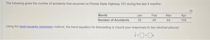 The following gives the number of accidents that occurred on Florida State Highway 101 during the last 4 months:
Month
Number of Accidents
Using the least-squares regression method, the trend equation for forecasting is (round your responses to two decimal places):
Jan
25
Feb
45
Mar
64
Apr
105