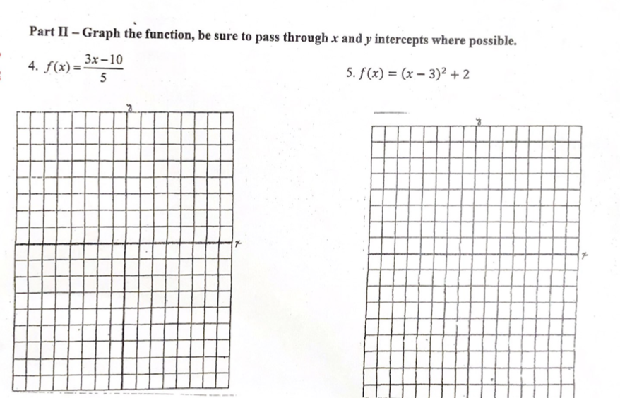 Part II-Graph the function, be sure to pass through x and y intercepts where possible.
3x-10
4. f(x)=
5. f(x)=(x-3)² + 2
5