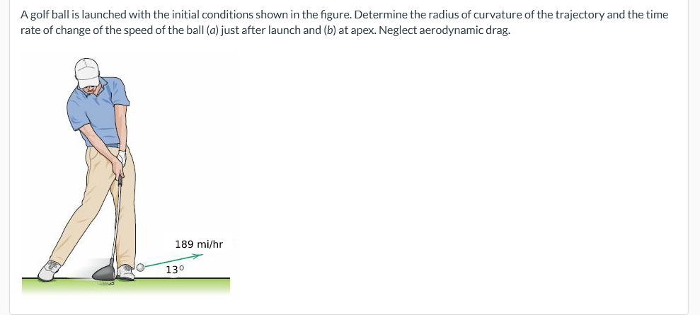 A golf ball is launched with the initial conditions shown in the figure. Determine the radius of curvature of the trajectory and the time
rate of change of the speed of the ball (a) just after launch and (b) at apex. Neglect aerodynamic drag.
189 mi/hr
130
