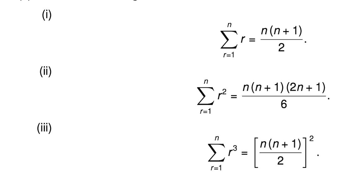 (i)
n
n(n+ 1)
r =
r=1
(ii)
in
n(n + 1) (2n + 1)
6.
r=1
(ii)
n(n+ 1)
2
r=1
