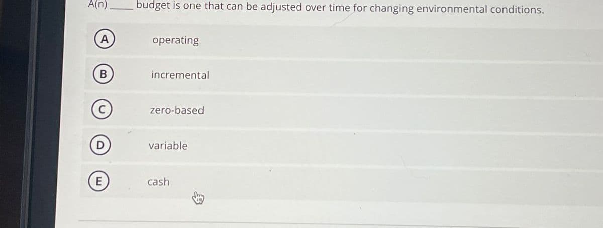 A(n)
budget is one that can be adjusted over time for changing environmental conditions.
A
operating
B
incremental
zero-based
variable
cash