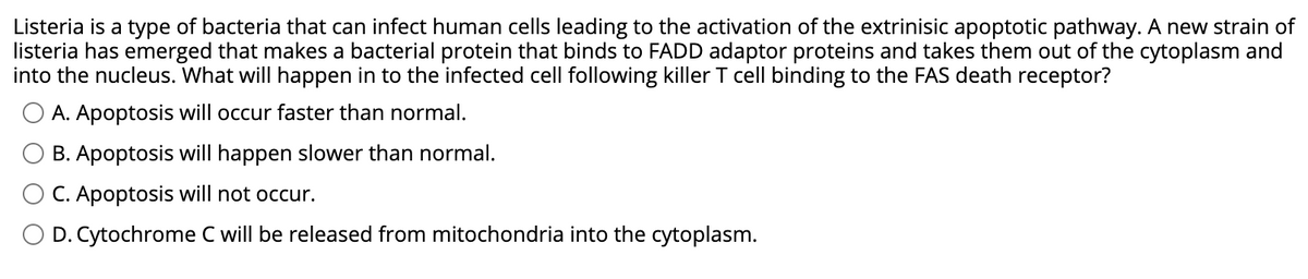 Listeria is a type of bacteria that can infect human cells leading to the activation of the extrinisic apoptotic pathway. A new strain of
listeria has emerged that makes a bacterial protein that binds to FADD adaptor proteins and takes them out of the cytoplasm and
into the nucleus. What will happen in to the infected cell following killer T cell binding to the FAS death receptor?
A. Apoptosis will occur faster than normal.
B. Apoptosis will happen slower than normal.
C. Apoptosis will not occur.
D. Cytochrome C will be released from mitochondria into the cytoplasm.
