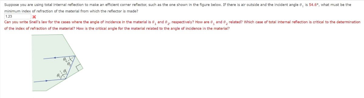 Suppose you are using total internal reflection to make an efficient corner reflector, such as the one shown in the figure below. If there is air outside and the incident angle 8, is 54.6°, what must be the
minimum index of refraction of the material from which the reflector is made?
1.23
x
Can you write Snell's law for the cases where the angle of incidence in the material is 8₁ and ₂, respectively? How are 0₁ and 8₂ related? Which case of total internal reflection is critical to the determination
of the index of refraction of the material? How is the critical angle for the material related to the angle of incidence in the material?