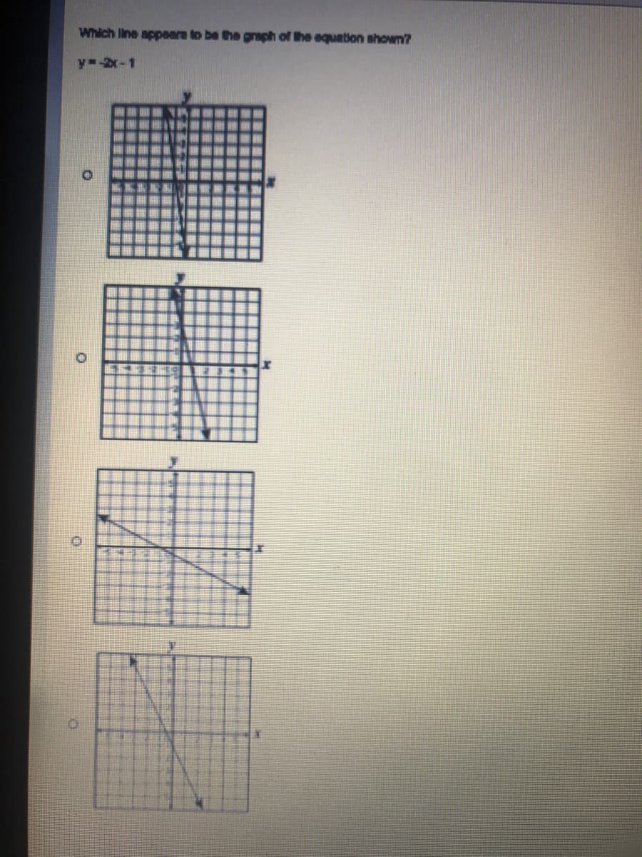 Which Iine appeara to be the graph of the equntion shown?
y--2x-1
